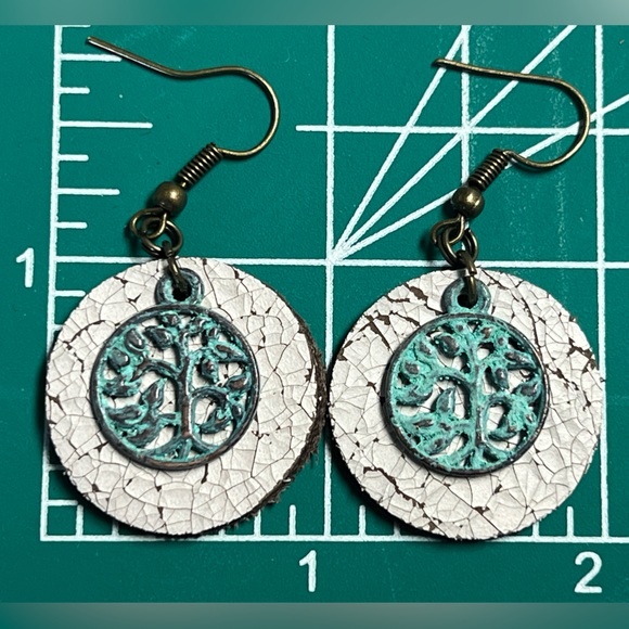 1” cracked White Leather and Tree of Life Charm, earrings.  New handmade. - Picture 1 of 6